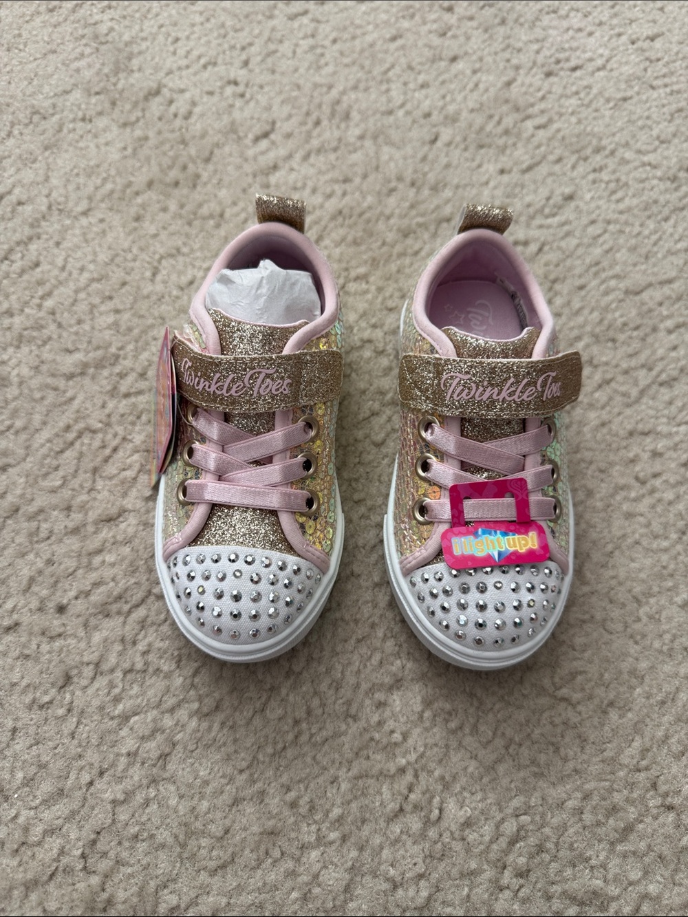 NWT Skechers Twinkle Toes Kids' Glitter Sneakers - Pink & Gold - Size 8